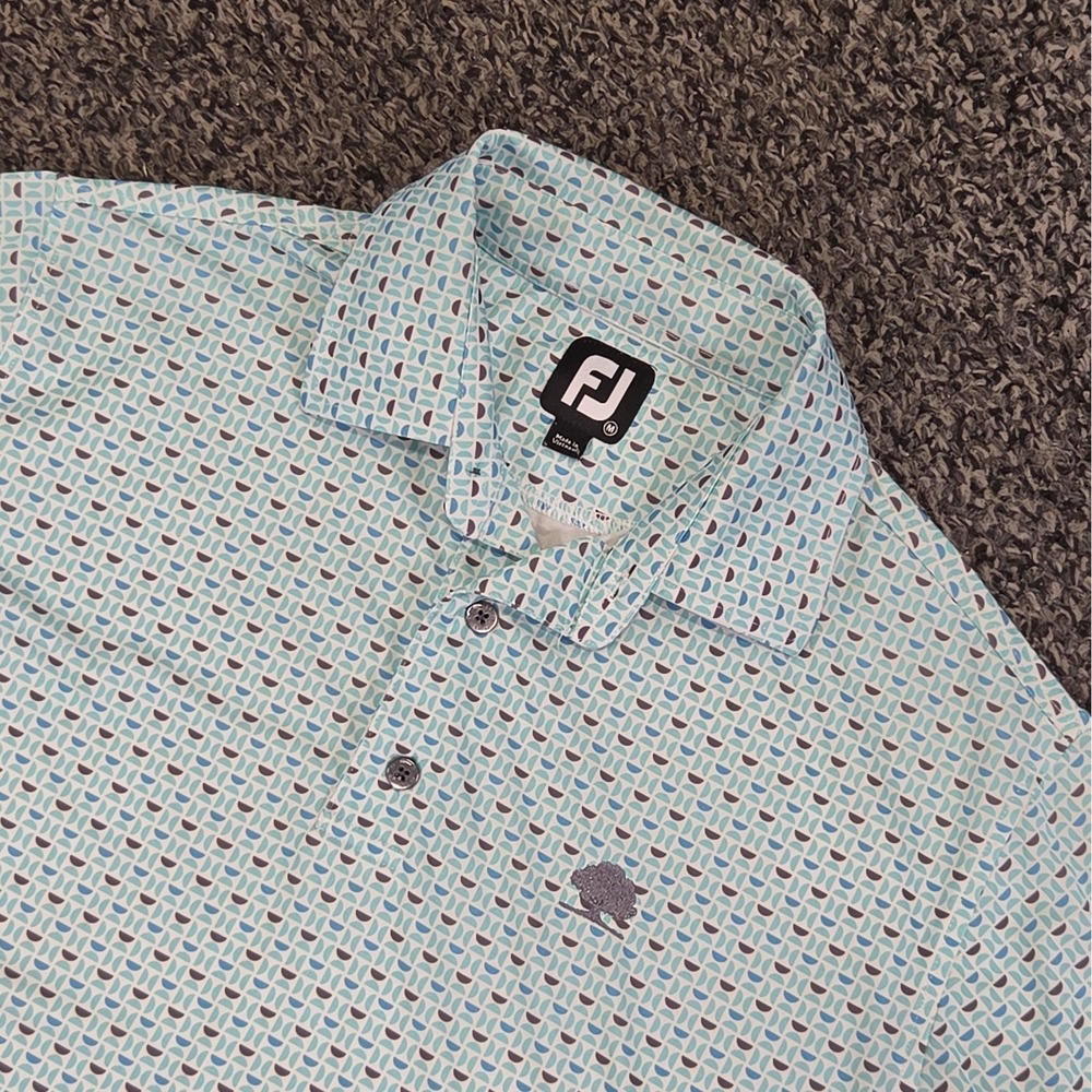 FootJoy Polo Shirt Men's Medium Blue Geometric All Over Print Stretch Golf Logo